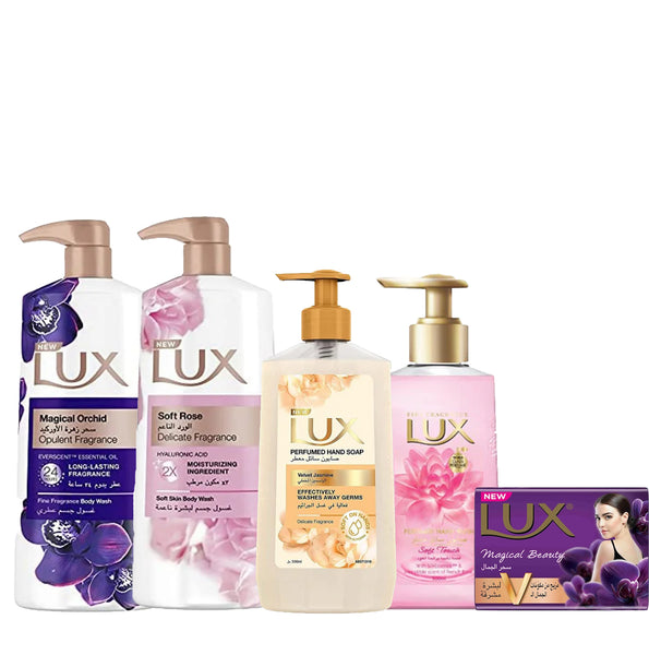 Lux Bar Soft Touch Impression Soap 115g + Lux Perfumed Body Wash Magical Orchid + LUX Perfumed Soft Touch Hand Wash 500ml + Lux Perfumed Velvet Yasmine Hand Wash 500ml + Lux Soft Rose Body Wash