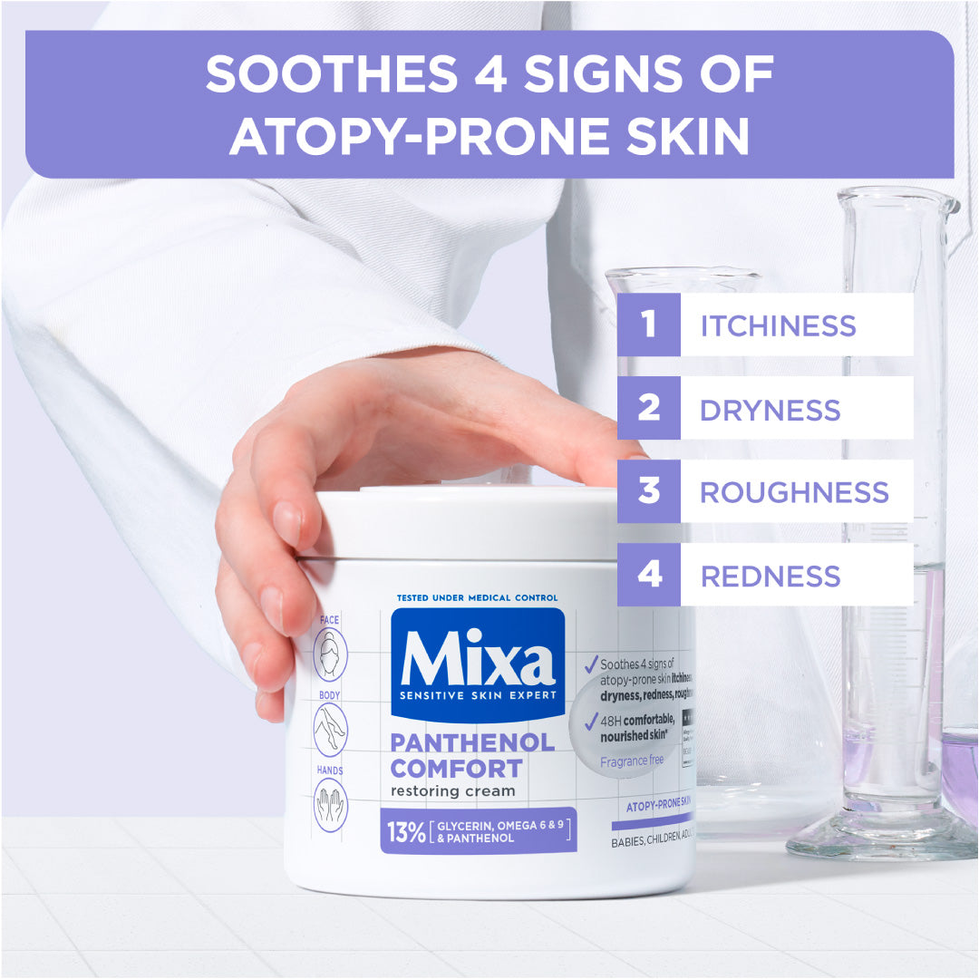 Mixa Panthenol Comfort Moisturizing Cream Jar - Anti-Scratching Cream - For Dry Skin, Atopy Prone Skin and Eczema - With 13% Glycerin, Omega 6 & 9, and Panthenol - For Face, Hands & Body - 400 ml