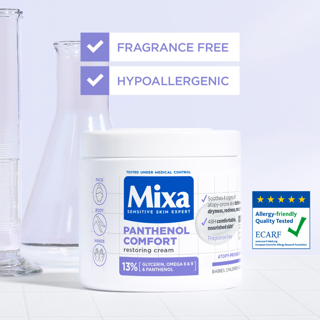Mixa Panthenol Comfort Moisturizing Cream Jar - Anti-Scratching Cream - For Dry Skin, Atopy Prone Skin and Eczema - With 13% Glycerin, Omega 6 & 9, and Panthenol - For Face, Hands & Body - 400 ml