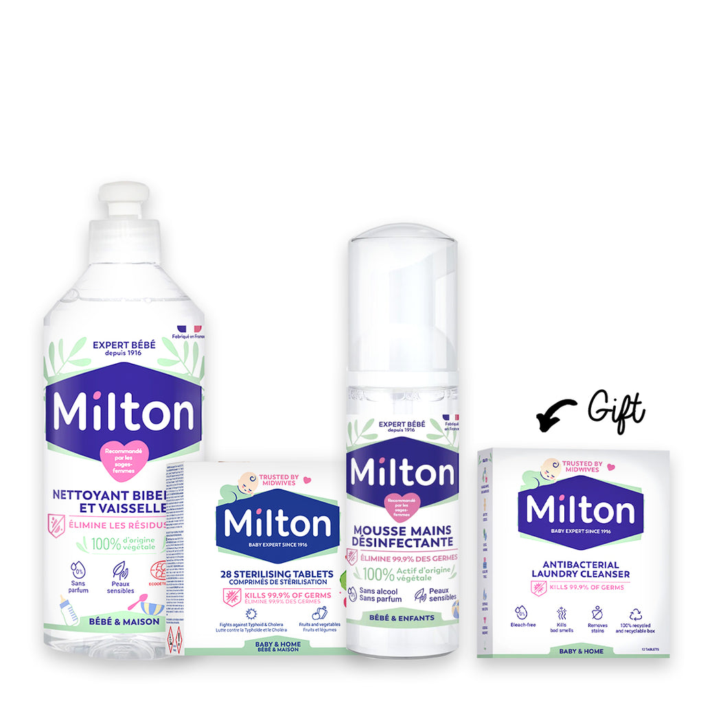 20% Off: Baby Bottle Cleaner 500ml + Sterilizing Tablets x28 + Milton Antibacterial Hand Foam + Antibacterial laundry (Gift)