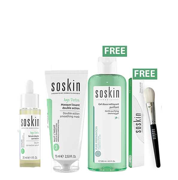 Buy 2 get 2: Soskin Masque Lissant Double Action 75 ml + Soskin Serum Double Correction 30 ml + Soskin Gel Doux Nettoyant Purifiant 250 ml (Gift)