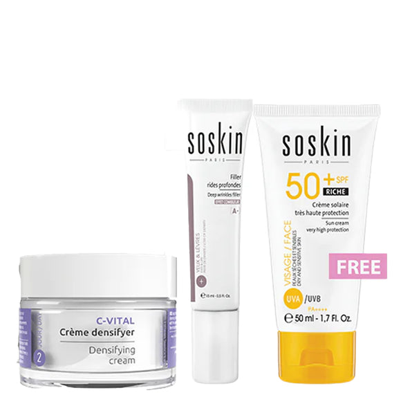 Buy 2 get 1: Soskin Densifying Cream + Soskin Eye Contour Filler  + Soskin Sunscreen Cream SPF 50+ GIFT