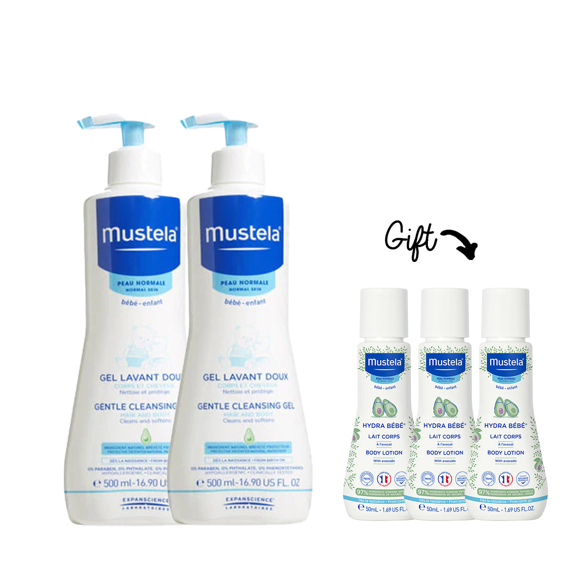 Buy 2x Gentle 2 in 1 Cleansing Gel 500ML Get 3x mini hydra bebe corps