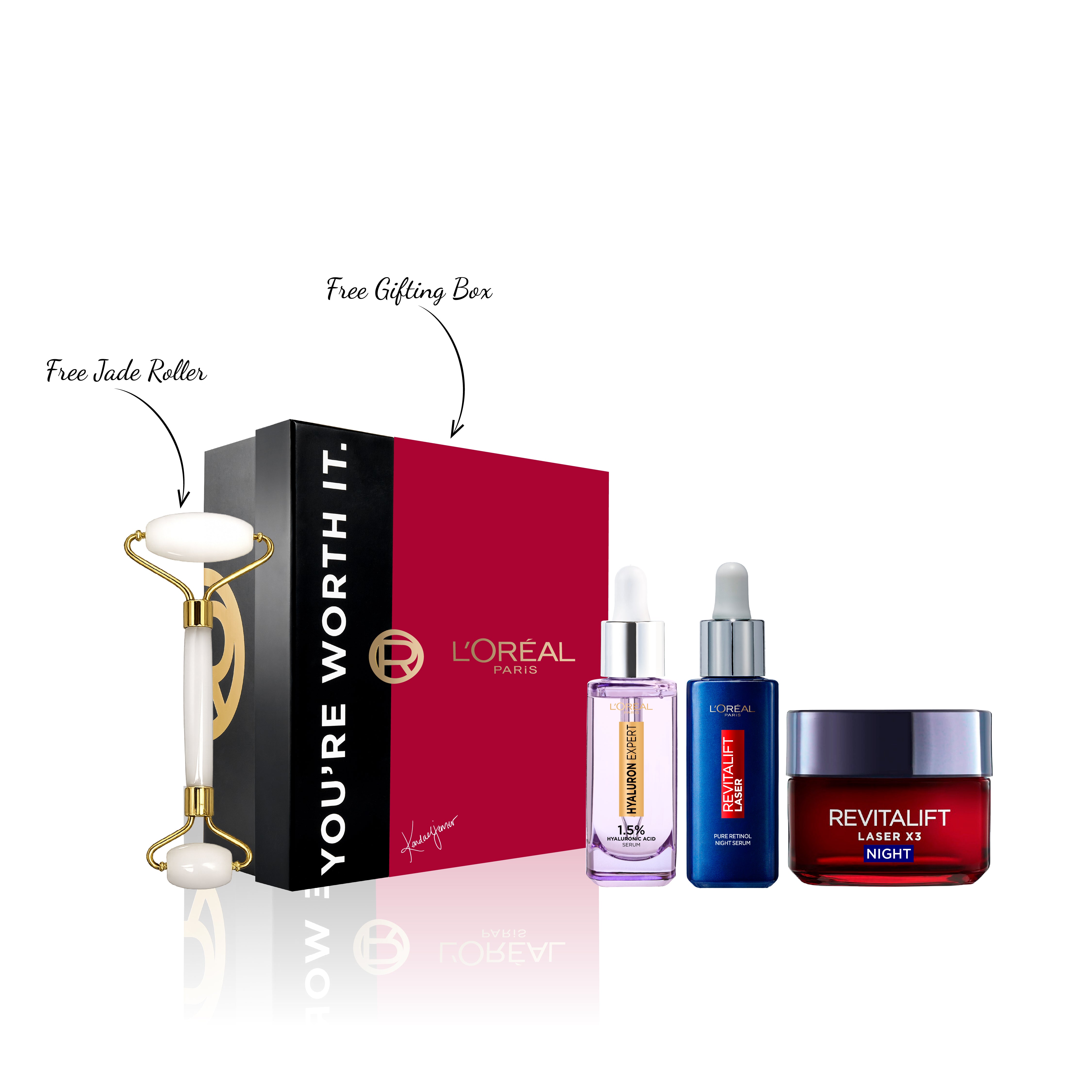 15 % OFF Hyaluron Expert Serum + Retinol Serum + Revitalift Laser Night Cream + Free Jade Roller +Gifting box
