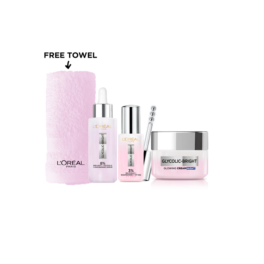 15% OFF Glycolic Serum + eye serum + night cream + free towel