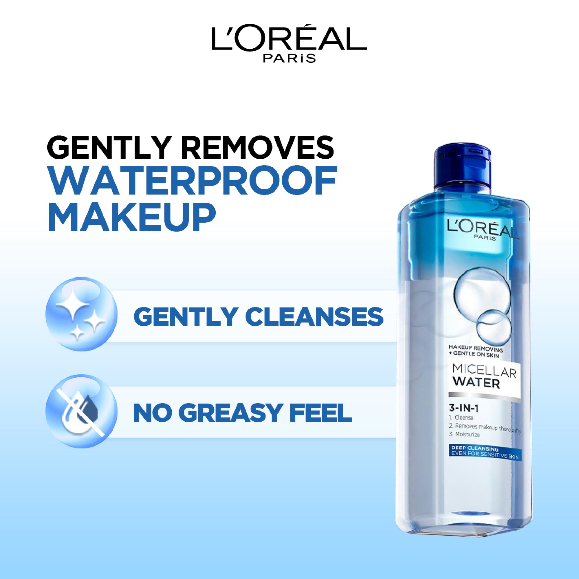L'Oréal Paris, 3-in-1 Bi-Phase Micellar Water, Deeply Cleanse, Remove Water Proof Makeup and Soothe, for All Skin Types and Sensitive Skin, 400ml