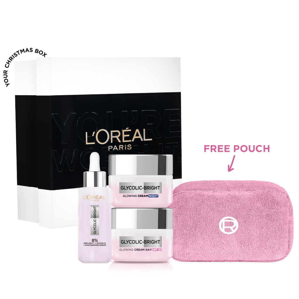 20 % OFF Glycolic bright serum + Day cream + Night cream + Free pouch + GIfting Box