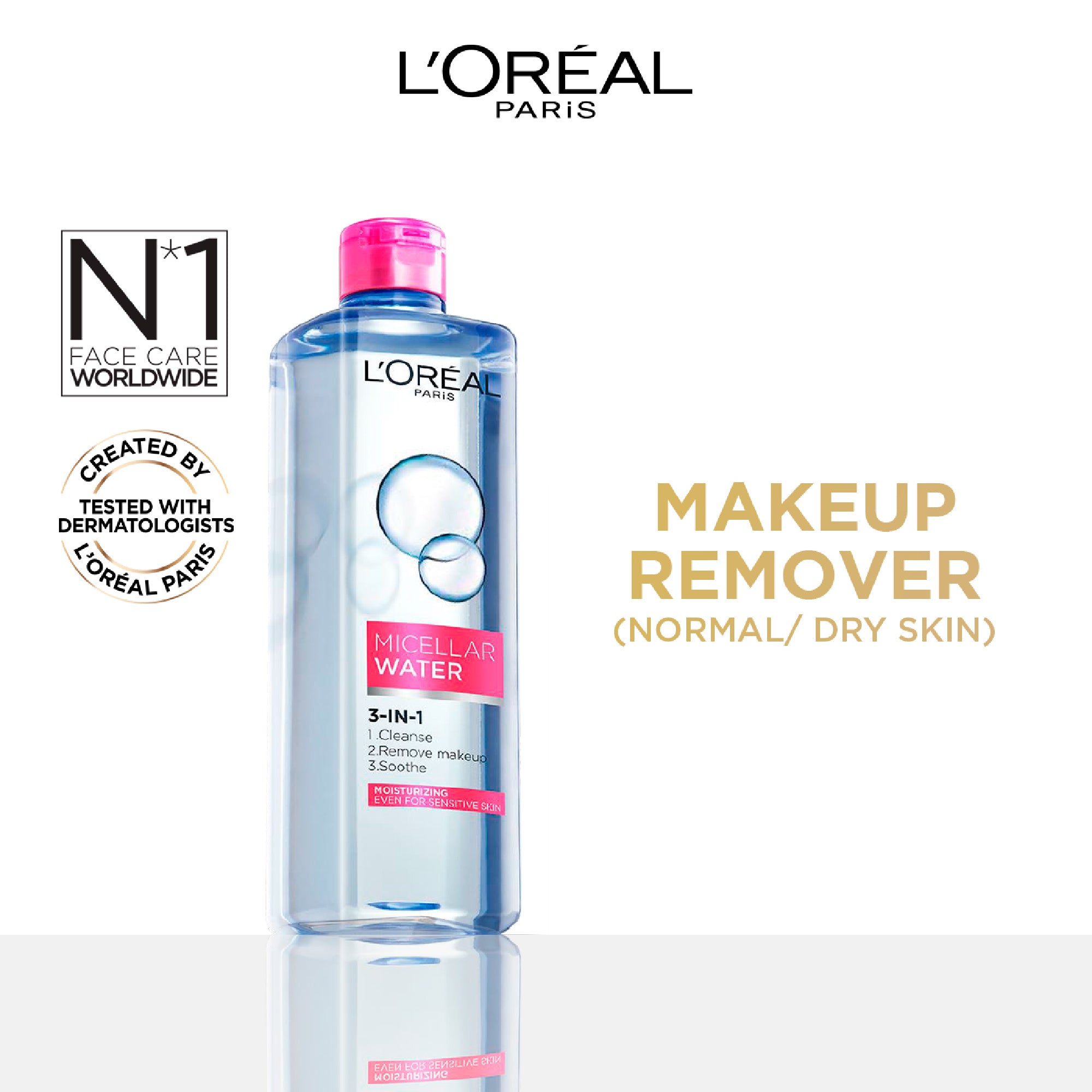 L'Oréal Paris 3-in-1 Refreshing Micellar Water, deep cleansing moisturize micellar for dry to normal skin 400ML