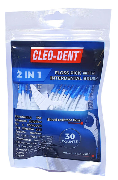 CLEO-DENT 2in1 FLOSS PICK + INTERDENTAL BRUSH - 30/PACK