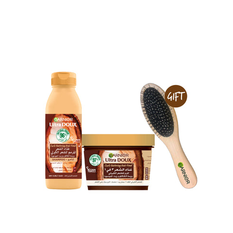 15% OFF Garnier Ultra Doux Vegan Hair Food Cocoa Butter & Jojoba Oil shampoo 350ml + Ultra Doux Hair Food Cocoa Butter & Jojoba Oil 3 in 1 Treatment + FREE Hair Brush
