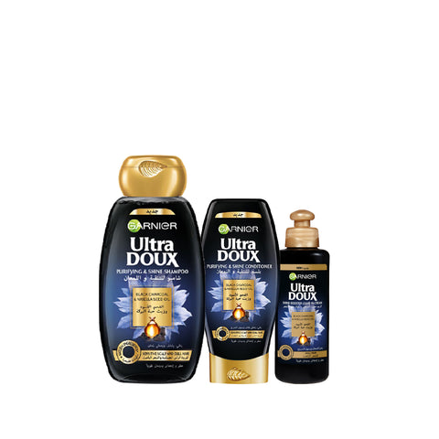 25% OFF Ultra Doux Charcoal Shampoo 400ml + Ultra Doux Charcoal Conditioner 200ML+ Ultra Doux Charcoal Leave In 300ML