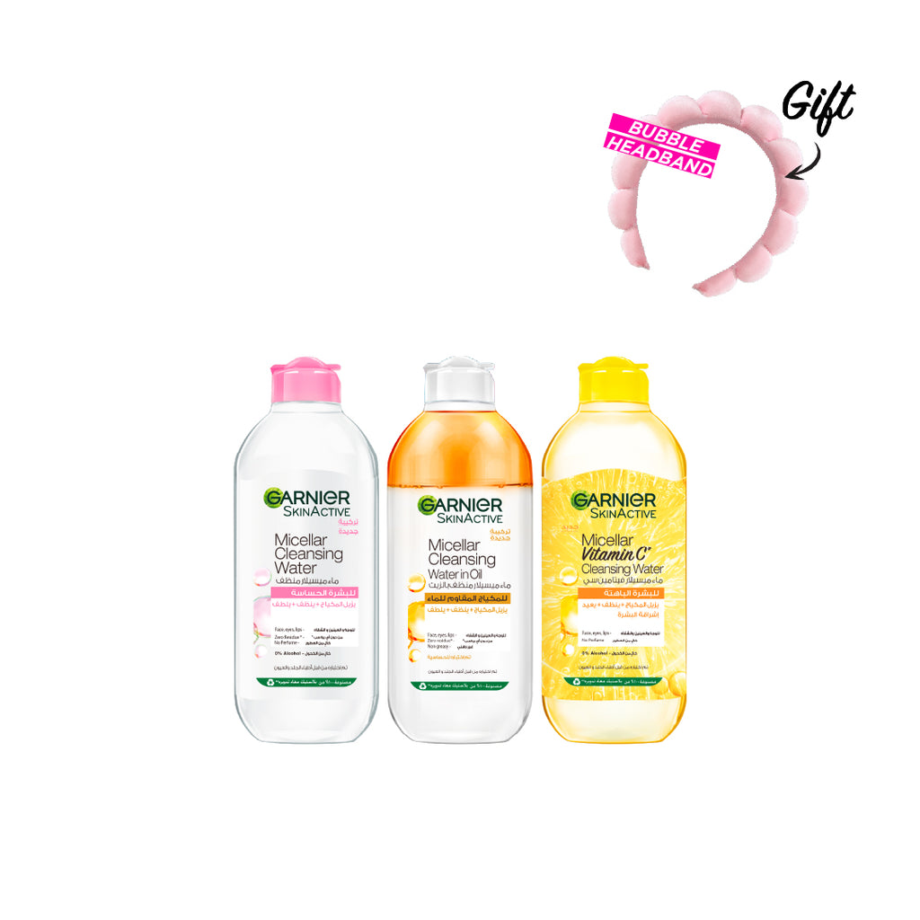 15% OFF Garnier Micellar Water Makeup Remover 400ml + Micellar Oil-Infused Cleansing Water 400ml + Vitamin C Micellar Water 400ml +FREE Garnier Bubble Headband Pink