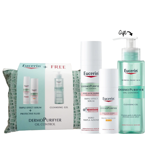Dermopurifyer oil control triple effect serum + protecting fluid spf30 50ml + oil control cleansing gel 200ml & Pouch GIFTS