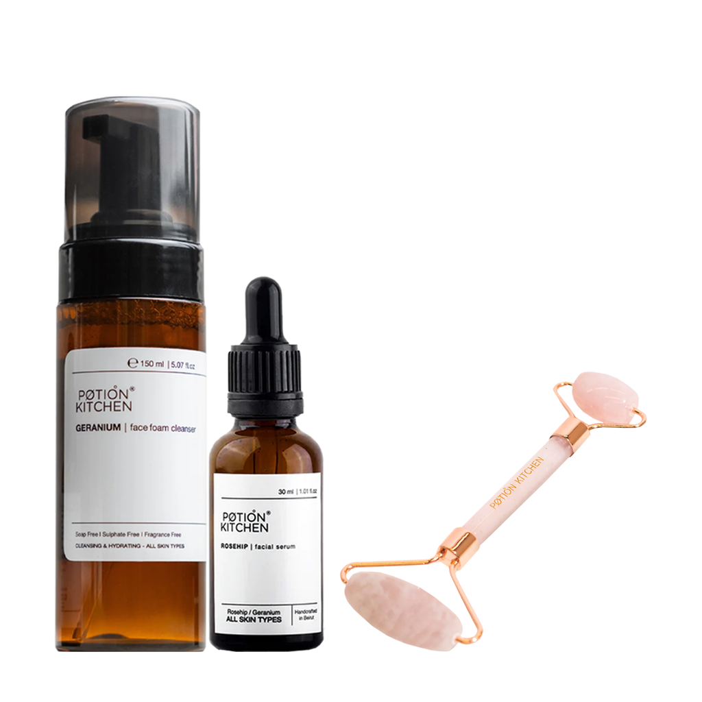 15% OFF:  Rosehip Facial Serum 30ml + Potion Kitchen Geranium Face Foam Cleanser + Rose Quartz Skin Roller