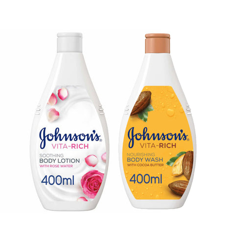 15% OFF Johnson's Vita-Rich Body Wash Cocoa Butter 400ml + Johnson and Johnson Body Lotion Vita-Rich Soothing Rose Water 400ML