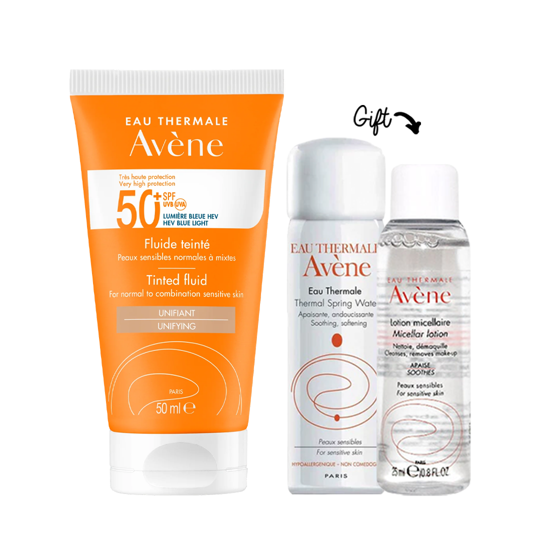 Buy 1 Get 2 ! Very High Protection 50+ Fluid,Tinted 50ML + micellar water and thermal spring water minis