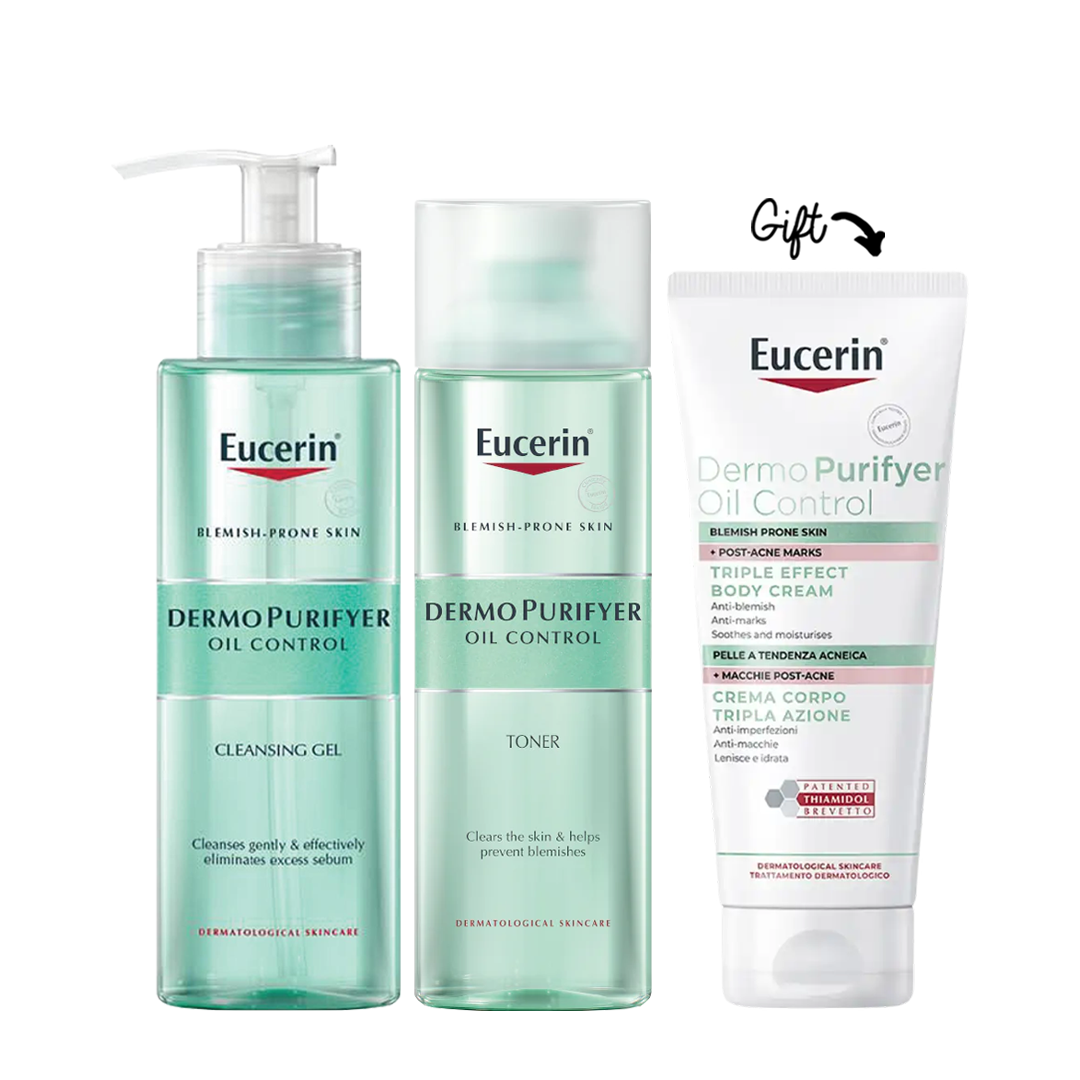 BUY Eucerin Dermopurifyer Oil Control Cleansing Gel 200 ml  +  Oil Control Toner 200 ml GET Triple Effect Body Cream 200 ml FOR FREE
