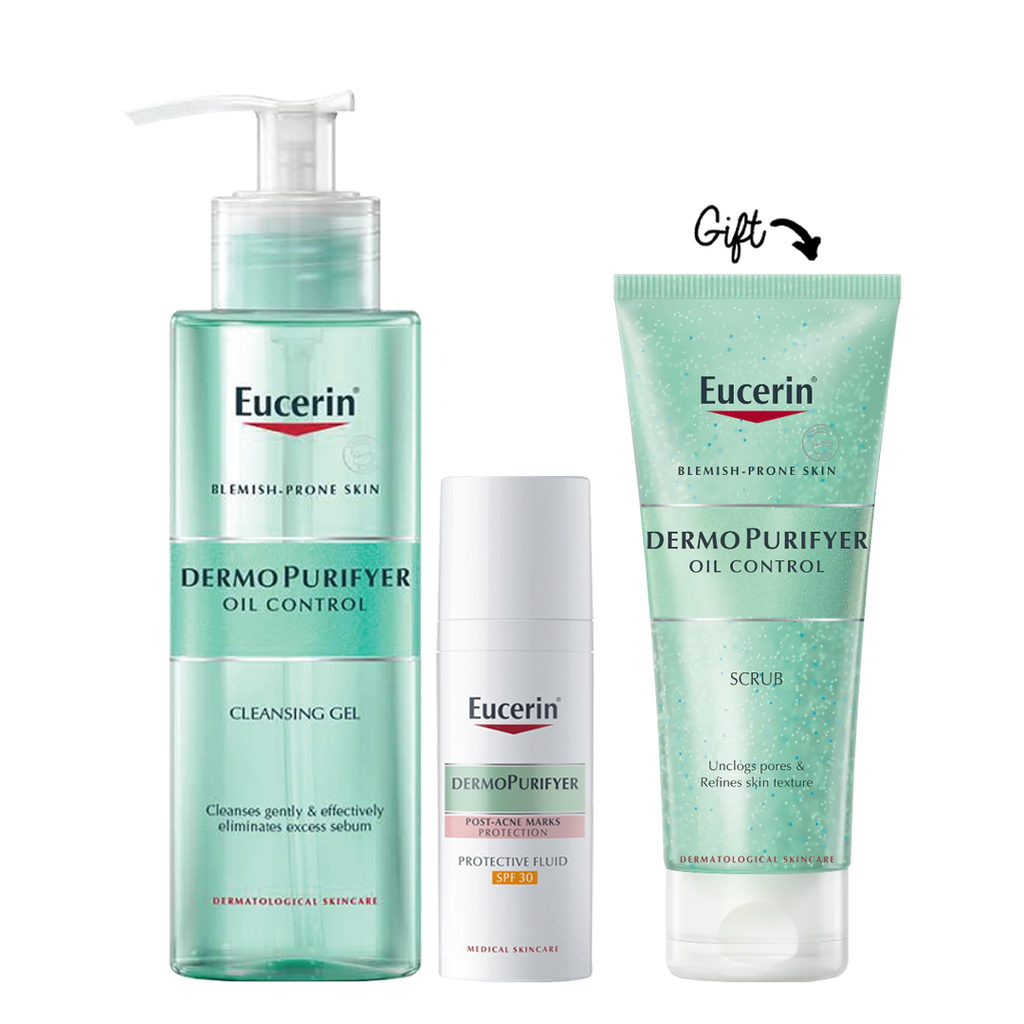 Eucerin Dermopurifyer Protective Fluid 50ml + Eucerin Dermopurifyer Oil Control Cleansing Gel + DermoPurifyer Oil Control Scrub 100 ml  (Gift)