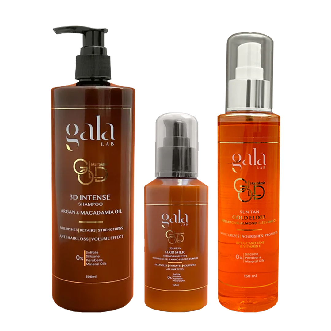 40% off 3D Intense Shampoo + Thermo Protective Leave-in Hair Milk + Sun Tan Gold Elixir