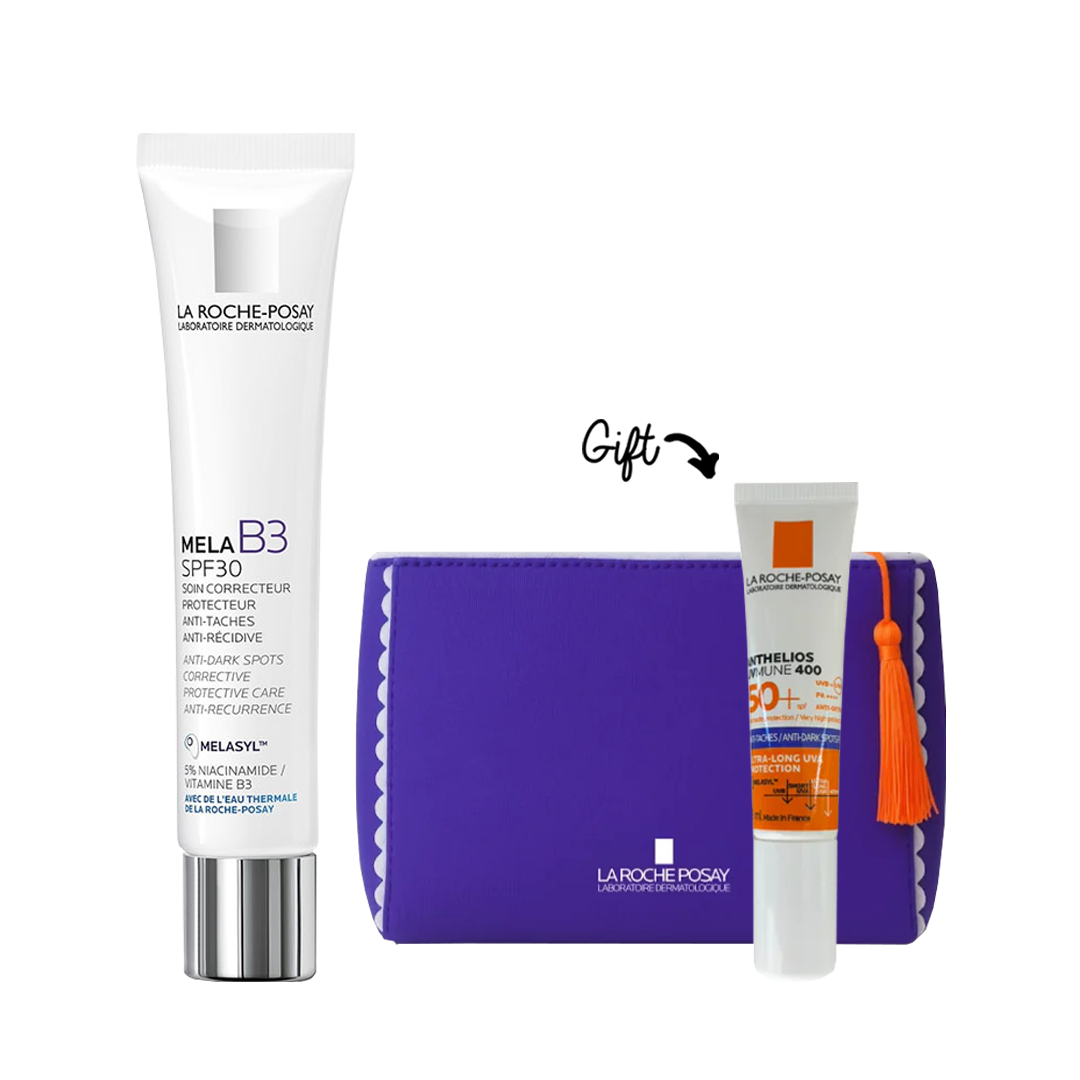 With Every Purchase of MELA B3 10 Cream 30ml get LRP SUMMER PURPLE POUCH 2025 + ANTH UVM ANTIPIGM FL T15ml