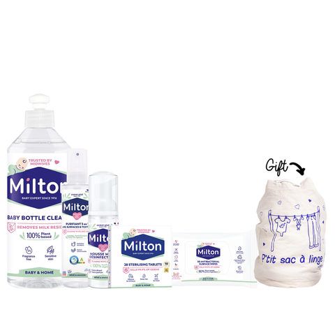 Milton 3 in 1 Purifying Spray 200ml + Baby Bottle Cleaner 500ml + Milton Antibacterial surface wipes x30 +  Milton Antibacterial Hand Foam + Sterilizing Tablets x28 : For Baby items , Fruits & Vegetables + Milton sac a linge (Gift)