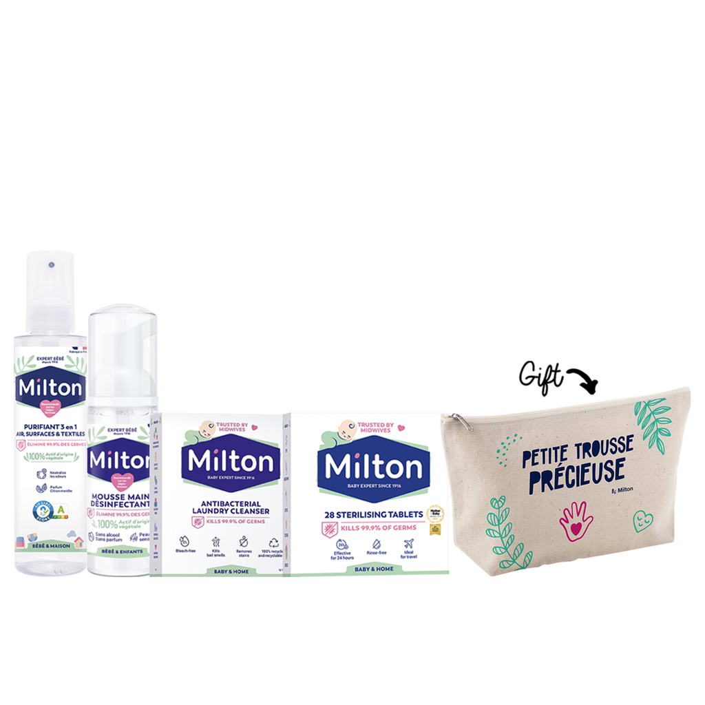 Milton 3 in 1 Purifying Spray 200ml + Sterilizing Tablets x28 : For Baby items , Fruits & Vegetables + Milton Antibacterial Hand Foam + Milton Antibacterial Laundry Tablets +  Milton trousse coton (gift)