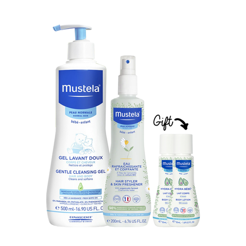 Gentle 2 in 1 Cleansing Gel 500ML + Skin & Hair Freshener 200ML + 2x mini hydra bebe corps 50ML (Gift)