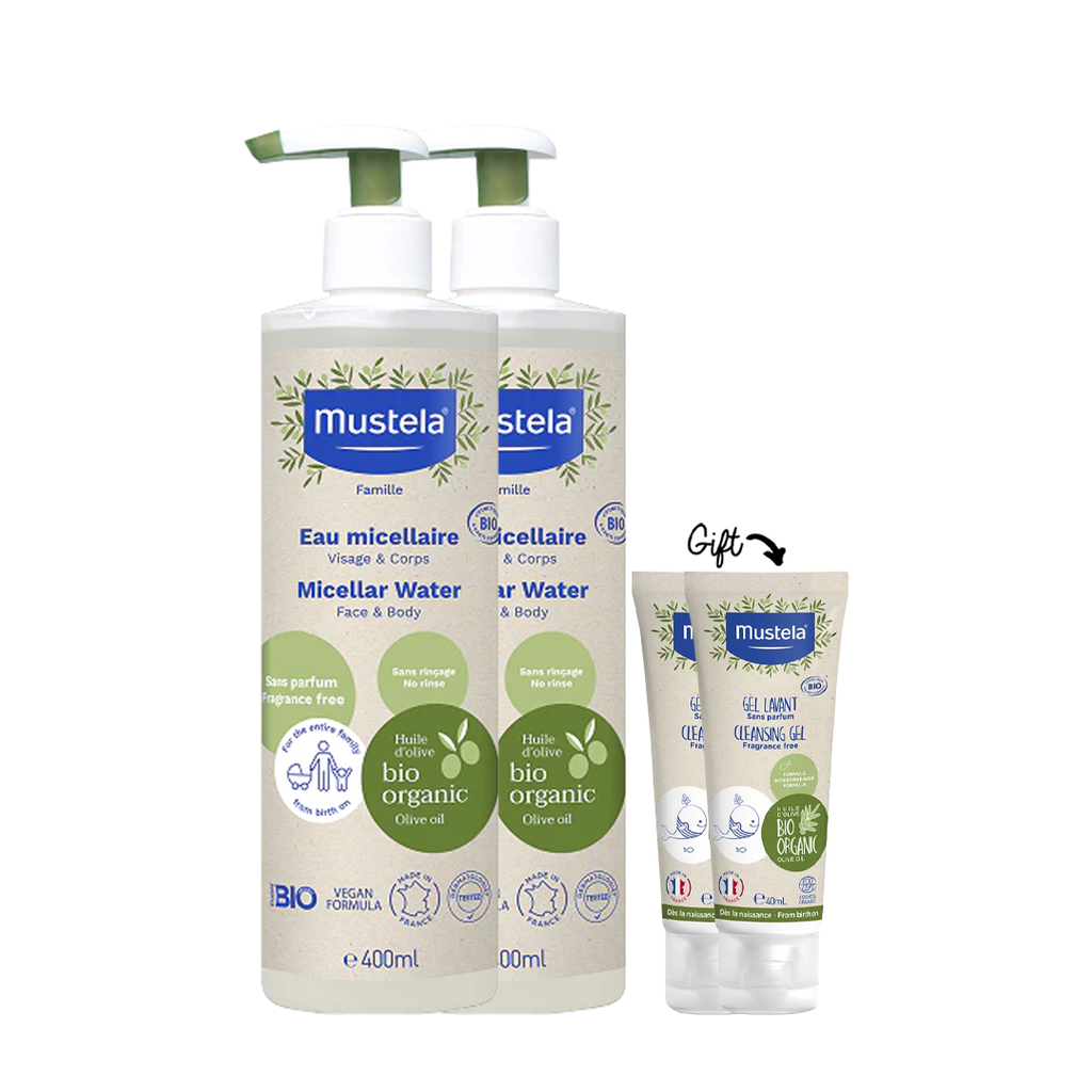 2x Mustela Certified Organic No-rinse Micellar Water 400ml +  2 mini modele Gel lavant (Gift)