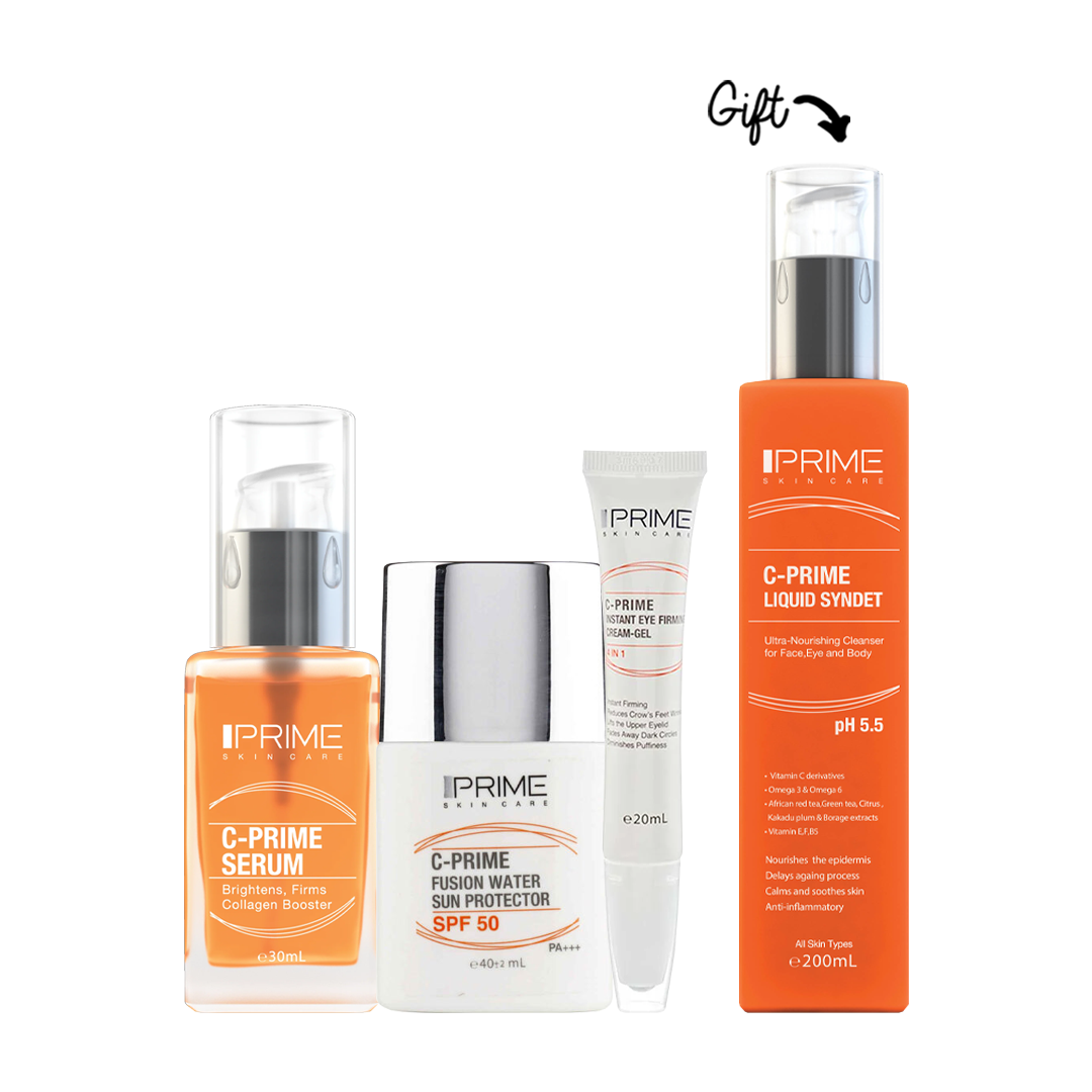 BUY C-Prime Serum 30ml + Fusion Water Sunscreen with Vitamin C SPF50 + Instant Eye Firming Cream GET C-PRIME Liquid Syndet