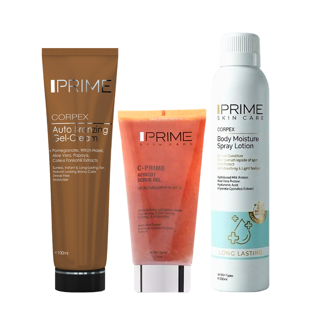 Prime Auto Bronzing Gel Cream+ Prime Apricot Cleansing Scrub Gel+ Body Moisture Spray Lotion at 20% off