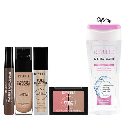 BUY Eyebro Pencil + Flawless Hd Foundation + Liquid Concealer + Peachy Vibes Duo GET 1  FREE Micellar Water Extract