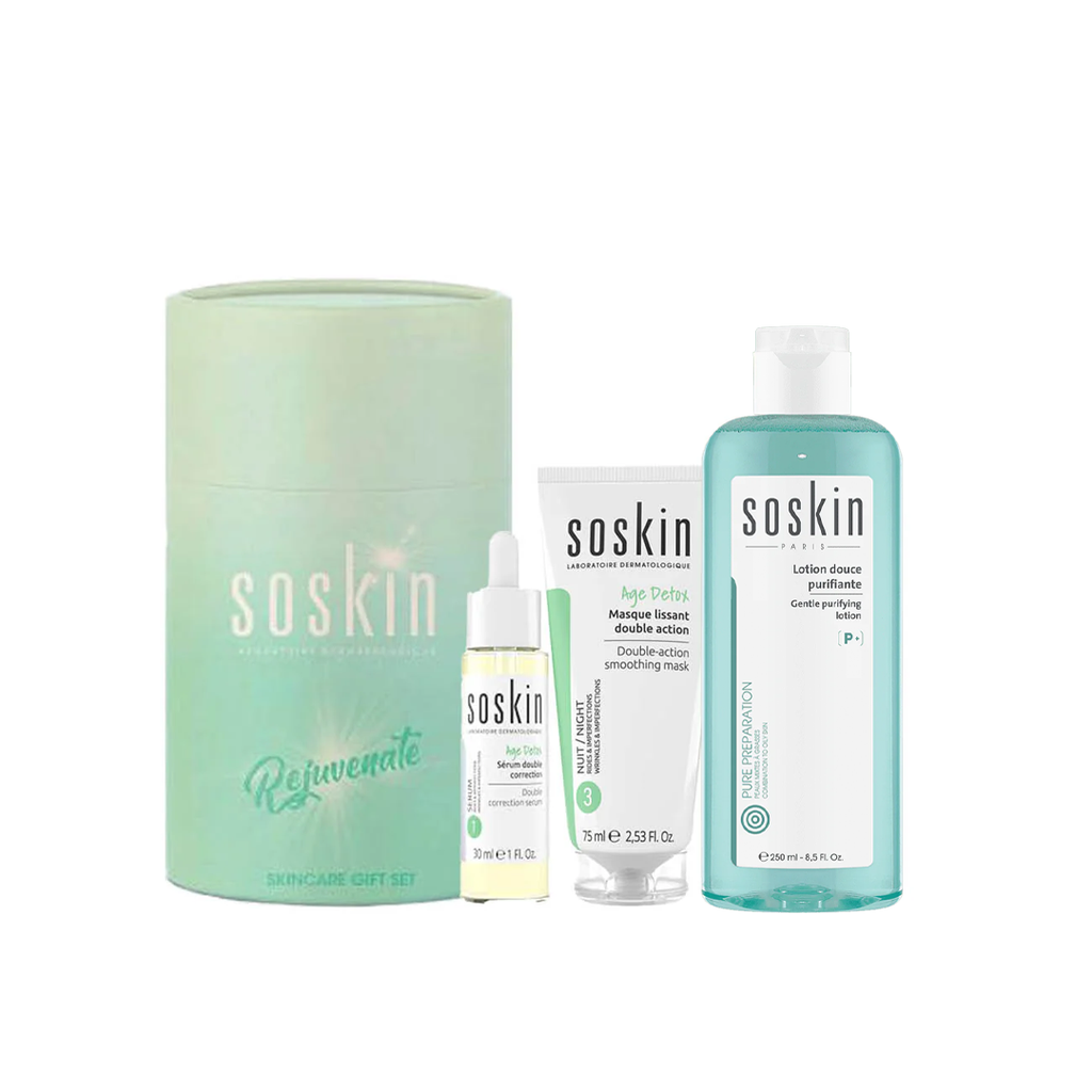 SOSKIN SERUM DOUBLE CORRECTION 30 ML + SOSKIN MASQUE LISSANT DOUBLE ACTION 75 ML  + SOSKIN LOTION PURIFIANTE 250 ML (Gift)