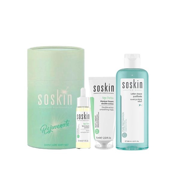 SOSKIN SERUM DOUBLE CORRECTION 30 ML + SOSKIN MASQUE LISSANT DOUBLE ACTION 75 ML  + SOSKIN LOTION PURIFIANTE 250 ML (Gift)