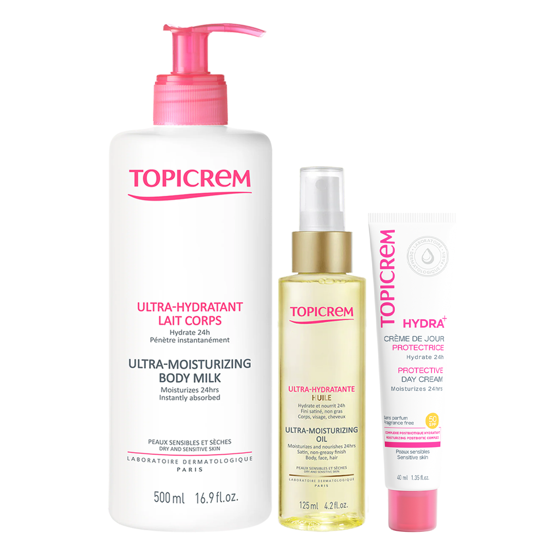 25% OFF: Topicrem ULTRA-MOISTURIZING ENHANCING OIL 125ML + Light Ultra-Moisturizing Cream 40mL + Ultra-Moisturizing Body Milk