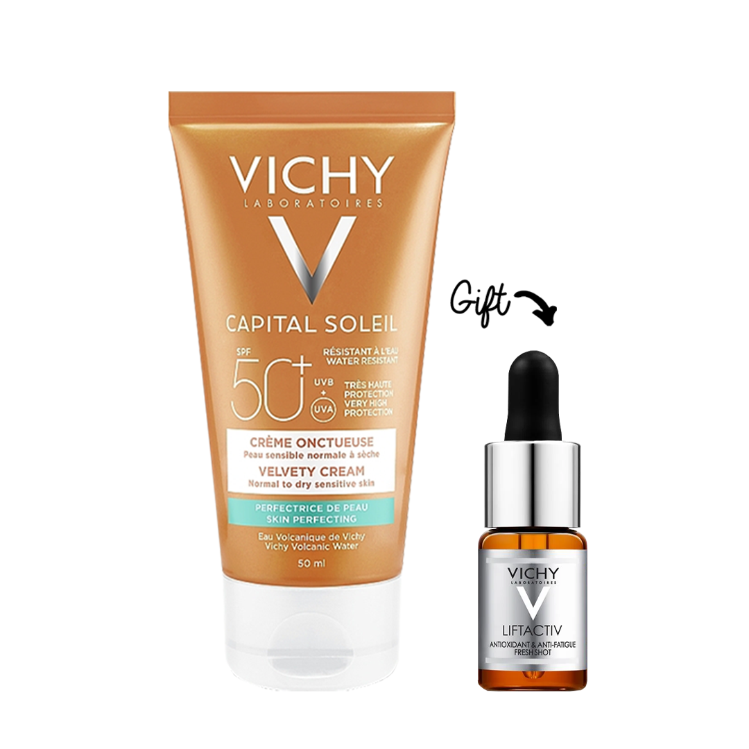 Capital Soleil Velvety Cream SPF50+ Skin Perfecting Action + LIFTACTIV VITAMIN C SKIN COR 4ML (GIFT)