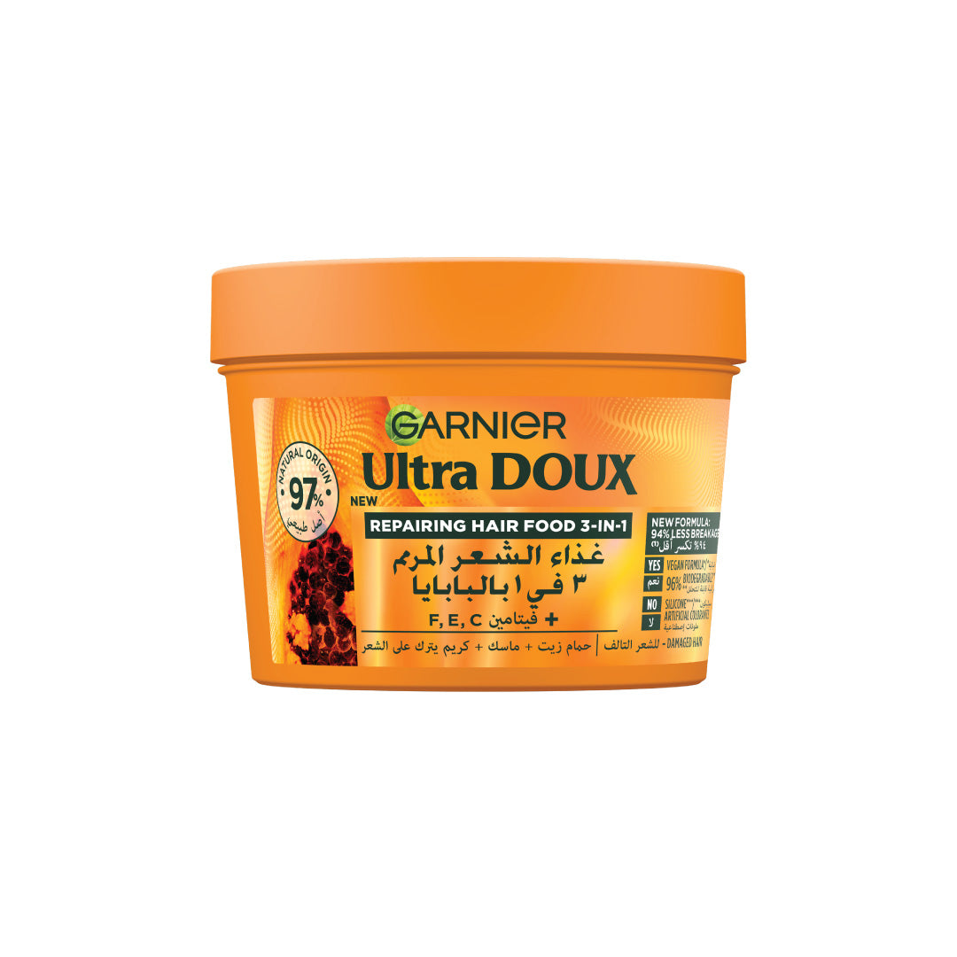 Garnier Ultra Doux Papaya Vegan Hair Food 3in1 Mask for damaged hair, Boosted with Vitamins C, E & F