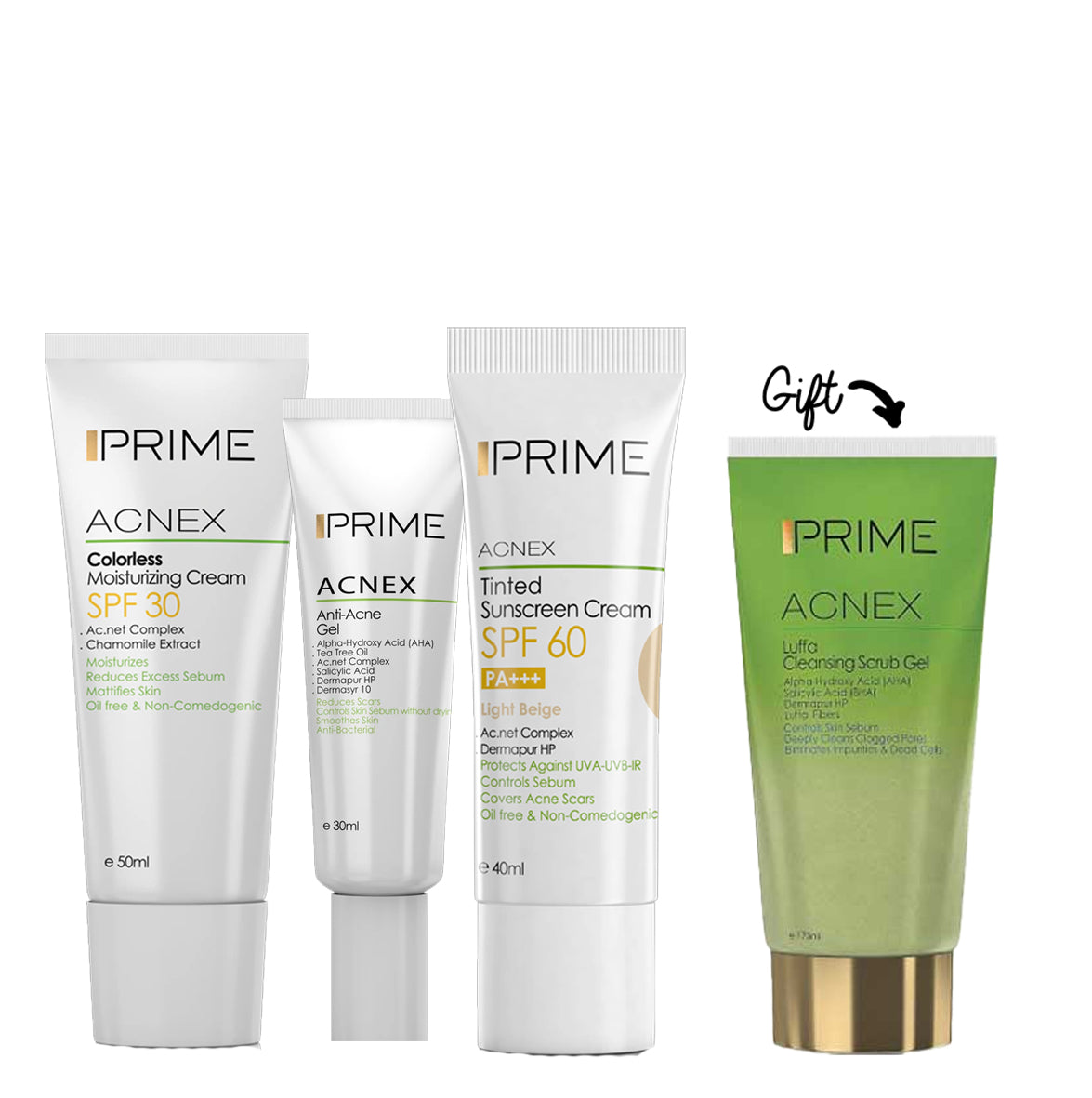 Buy Anti-acne gel + Coloreless moisturizing cream spf30 + Prime tinted sunscreen cream light beige Get Luffa cleansing  scrub gel