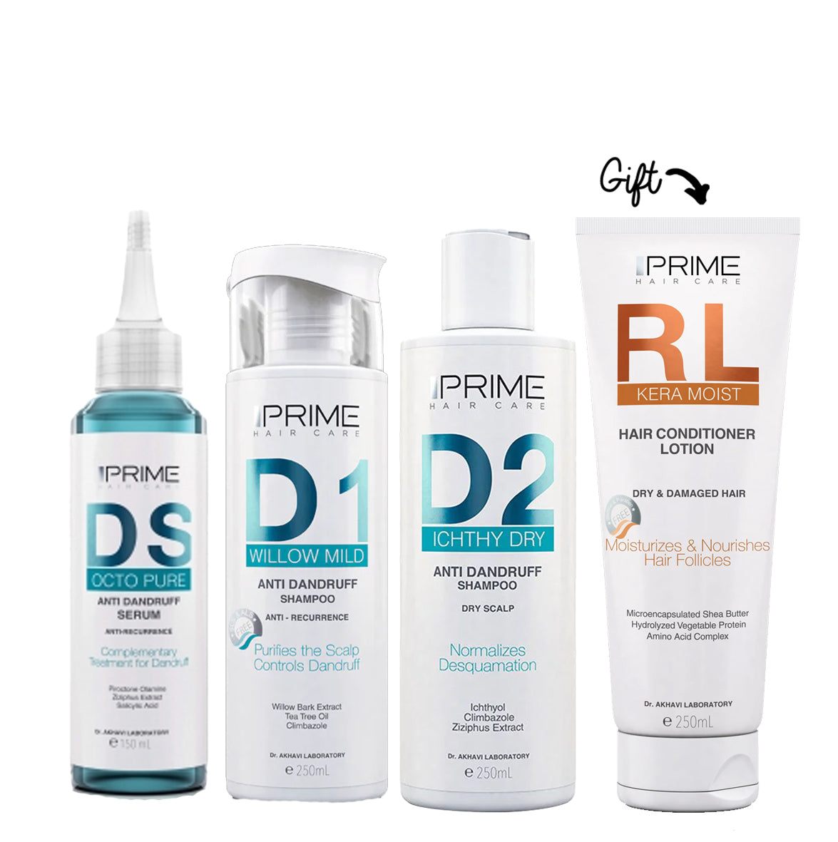 Prime Anti-Dandruff Shampoo (Ichthy Dry) + Prime Anti-Dandruff Shampoo (Willow Mild) + Prime Anti-Dandruff Serum (Octo Pure) + Hair Conditioner Lotion RL 250ml (Gift)