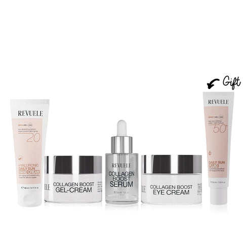 Buy Revuele Wonder collagen boost serum + eye cream + gel cream + Hyaluronic daily sun hand cream & Get Daily sun fluid spf 50+ (FREE)