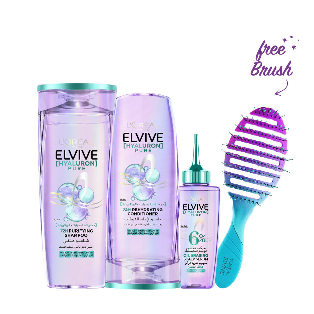 Elvive Hyaluron Pure Serum 102mL + Pure Conditioner 200mL + Elvive Hyaluron Pure Shampoo 400 ml+ FREE Elvive Hair Brush