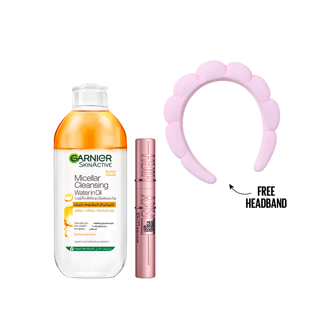 15 % OFF Garnier Micellar Oil-Infused Cleansing Water 400 ml + Sky High Mascara + Pink Headband