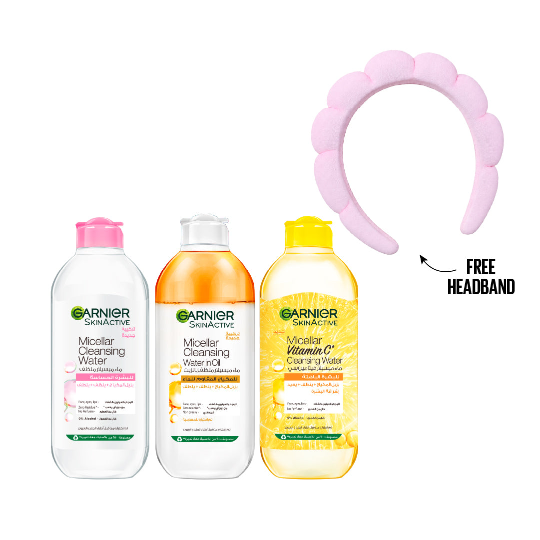 15 % OFF Garnier Oil-Infused Cleansing Water + Micellar Cleansing Water + Vitamin C Brightening Micellar Water (3 x 400 ml) + Pink Headband