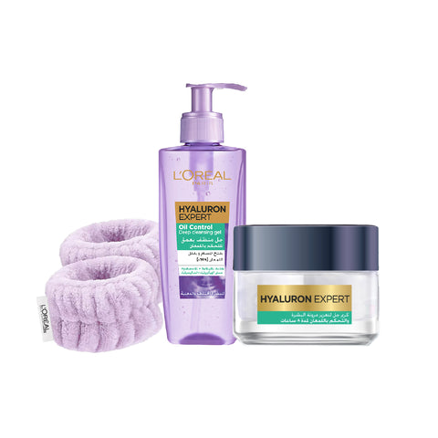 15% OFF Hyaluron Expert 8h Shine Control Replumping Gel -Cream 50ml + Hyaluron Expert Oil Control Deep Cleansing Gel  200ml + FREE Light Purple Wrist Towel