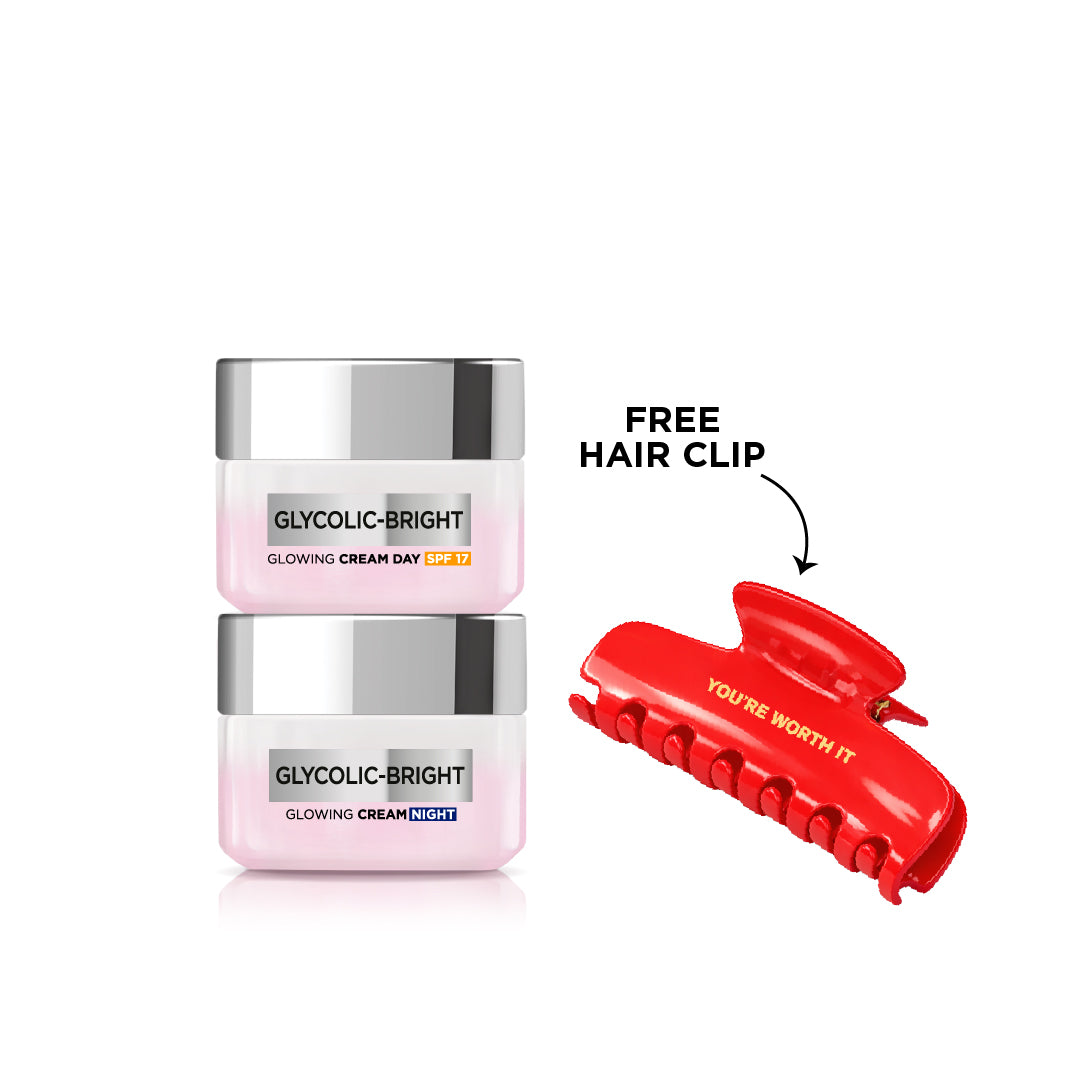 20% L'Oréal Paris Glycolic Bright Day Cream + Night Cream + Free Hair Clip