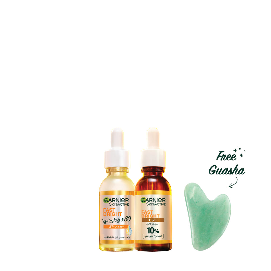 20% OFF - Garnier Fast Bright 10% Pure Vitamin C Brightening Overnight Serum + Garnier Fast Bright Vitamin C Booster Serum and Get a FREE Gua Sha