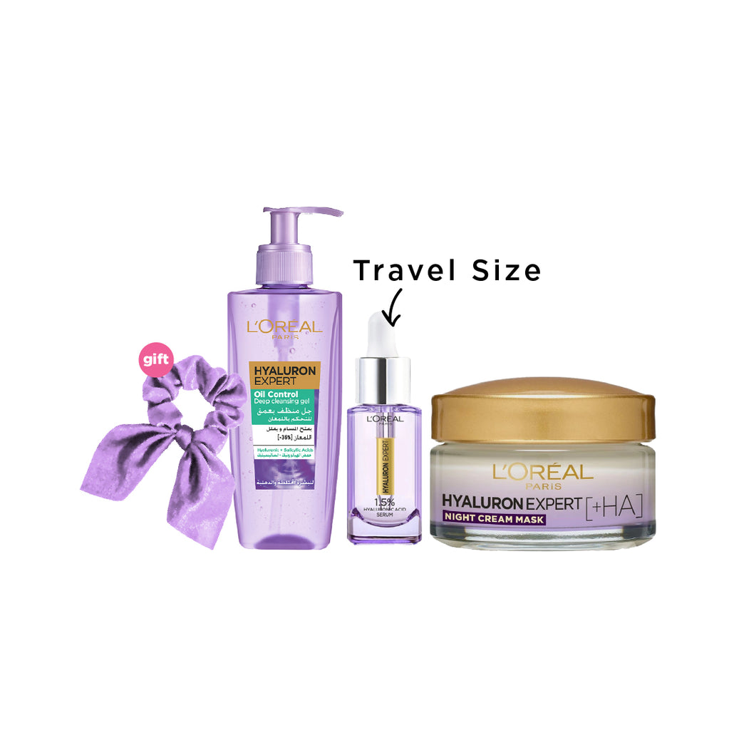 20% OFF Hyaluronic Acid Night Cream + Hyaluron Expert Replumping Serum With Hyaluronic Acid 15ml + Hyaluron Expert Oil Control Deep Cleansing Gel  200ml + FREE Skin Expert Purple Scrunchy