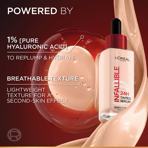 L’Oréal Paris Infallible 24H Tinted Serum with 1% Hyaluronic Acid for Radiant Hydrated Skin, Light to Medium Coverage, 30ml