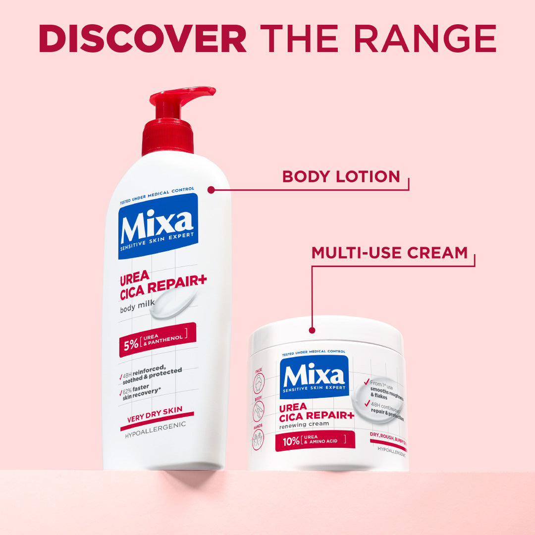 Mixa Urea Cica Repair Moisturizing Cream Jar - For Keratosis Pilaris, Dry, Flaky, Strawberry, Rough, & Fragile Skin & Tiny Reddish Bumps - With 10% Urea and Niacinamide - For Face, Hands & Body - 400 ml