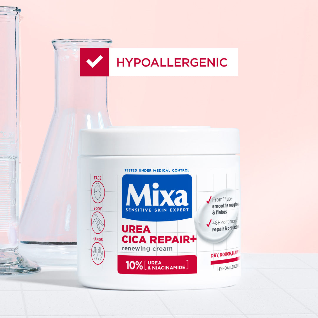 Mixa Urea Cica Repair Moisturizing Cream Jar - For Keratosis Pilaris, Dry, Flaky, Strawberry, Rough, & Fragile Skin & Tiny Reddish Bumps - With 10% Urea and Niacinamide - For Face, Hands & Body - 400 ml