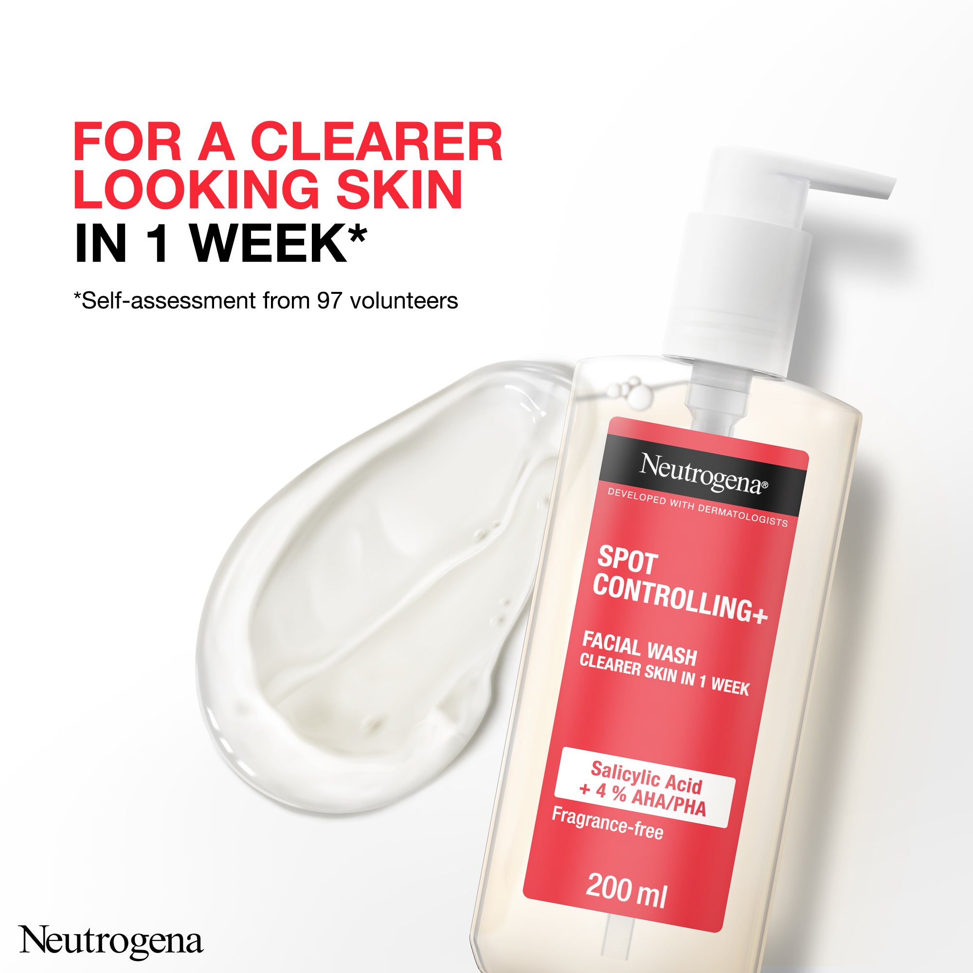 Neutrogena, Spot Controlling+ Facial Wash - Gel Netttoyant, combination of Salicylic acid - a purifying agent and glycolic acid, Clearer Skin In 1 Week, 200ml